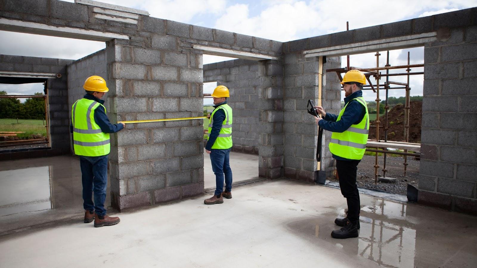 Workers on house building site taking measurements.